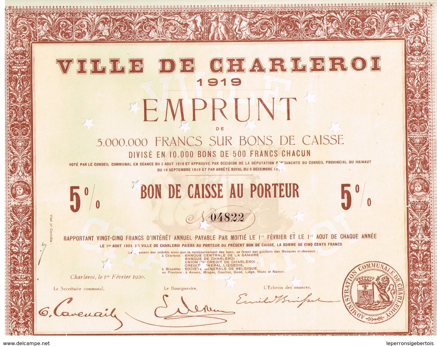 Titre Ancien - Ville De Charleroi - Emprunt 1919 - Autres & Non Classés