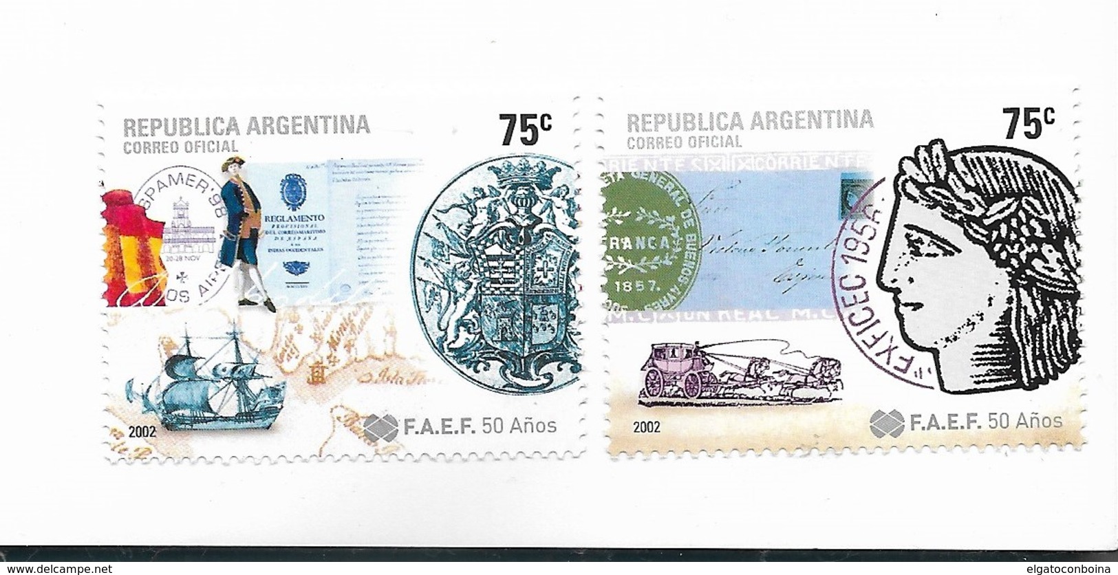 ARGENTINA 2002 FAEF PHILATELIC ASSOCIATION 50 ANNIVERSARY ESPAMER 98 STAMPS COATS, SHIPS HISTORY SET OF 2 MNH - Ungebraucht