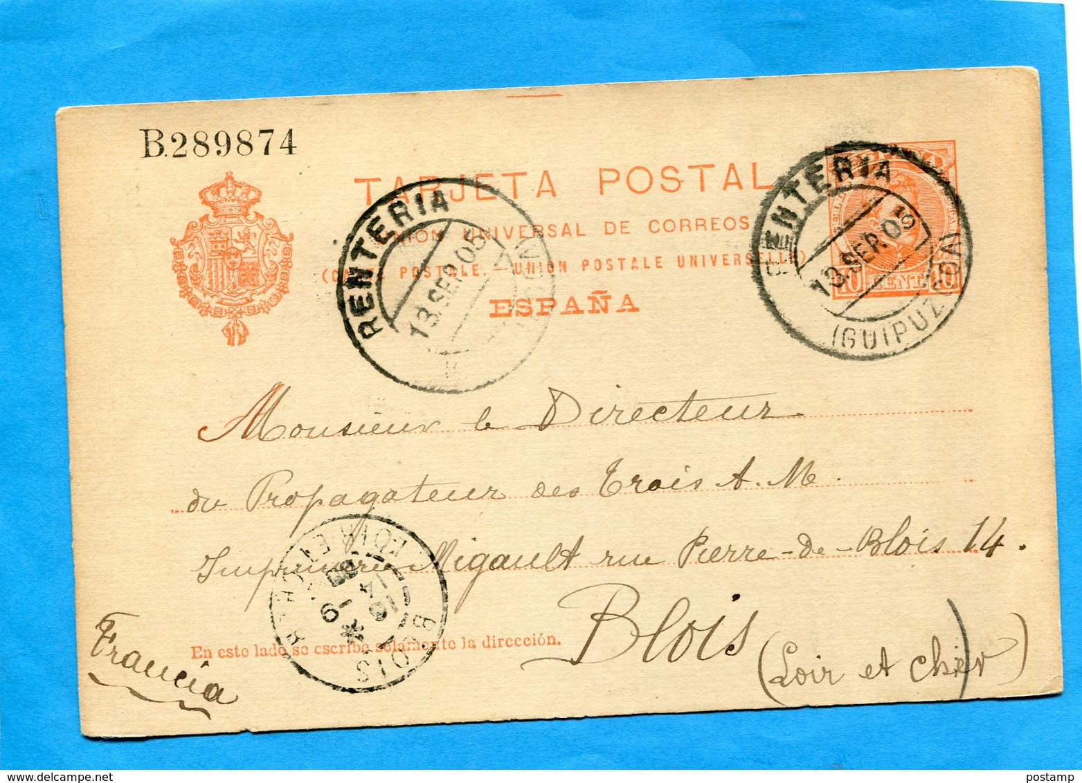 Marcophilie -ESPANA-carte Entier Postal Stationnery-10c N° B 289874  Cad RENTERIA Sept 1905 - 1850-1931