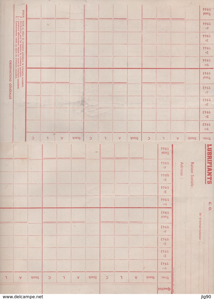 2 Cartes Vierges Pour Inventaire Lubrifiants 1943-44 - 1900 – 1949