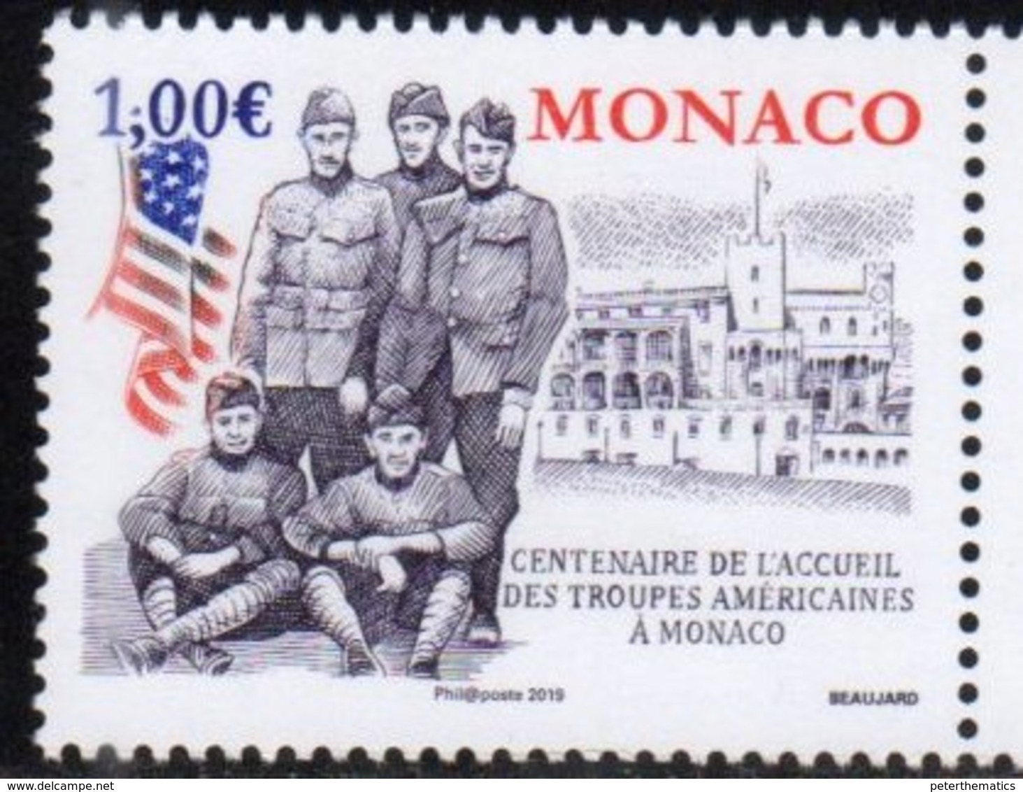 MONACO, 2019, MNH,WWI, 100th ANNIVERSARY OF WELCOMING OF AMERICAN TROOPS TO MONACO,1v - WW1