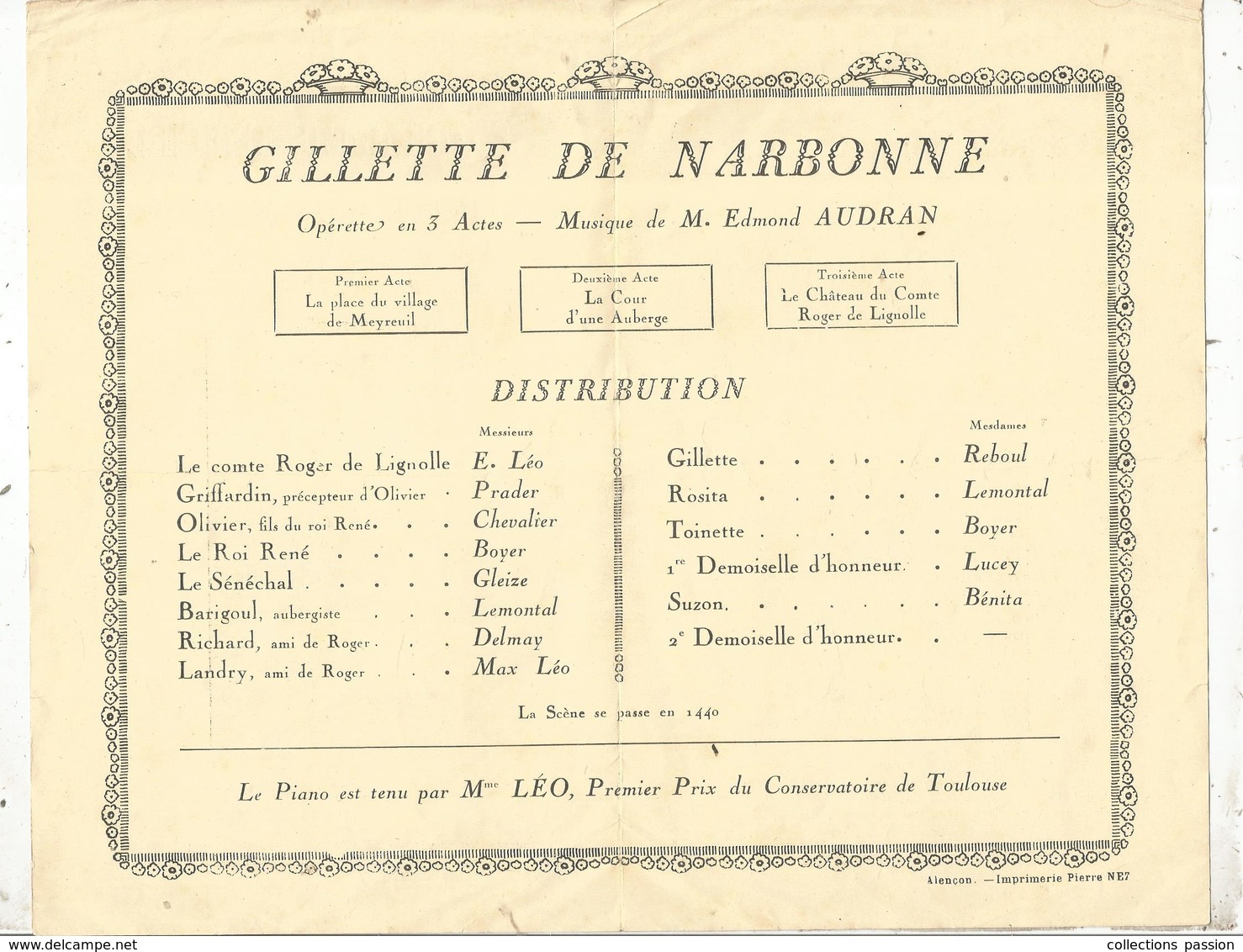 Programme Officiel, 4 Pages, Gillette De Narbonne, Opérette, Louis DELMAY , 2 Scans, Frais Fr : 1.65 E - Programme