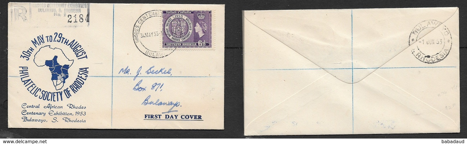 S.Rhodesia,   FDC RHODES CENTENARY EXHIBITION BULAWAYO 30 MA 53, Registered > Local - Southern Rhodesia (...-1964)