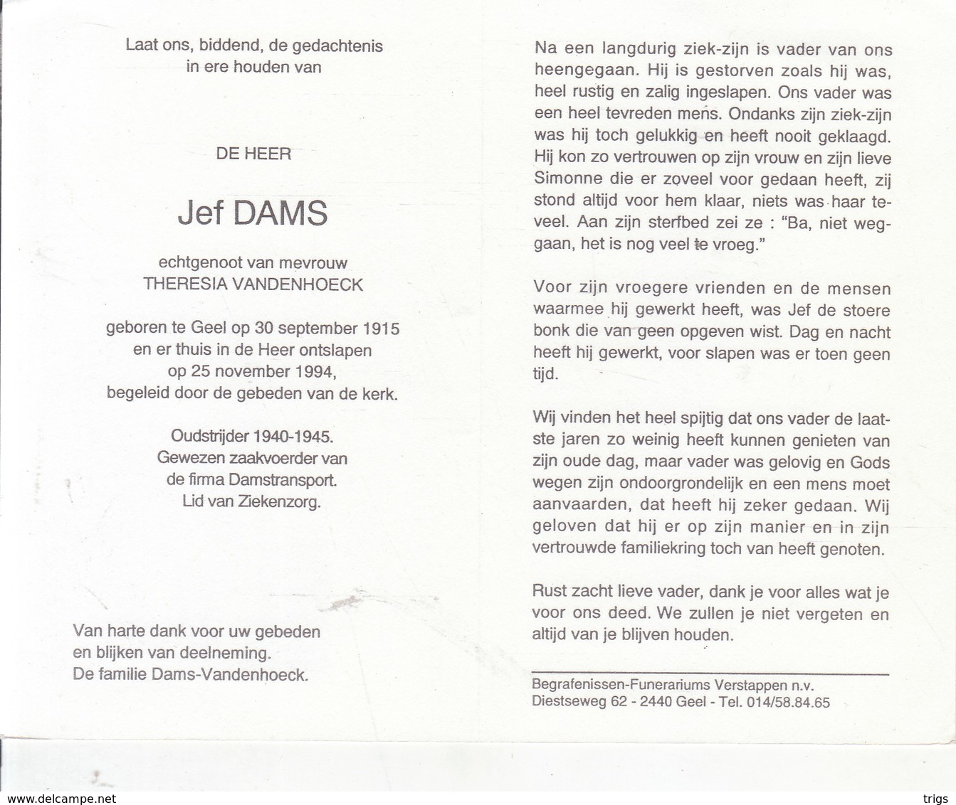 Jef Dams (1915-1994) ~ Oudstrijder (1940-1945) - Images Religieuses