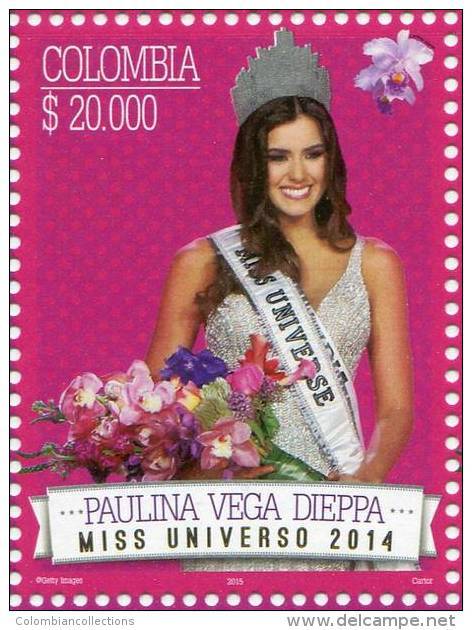 Lote 2015-5, Colombia, 2015, Sello, Stamp, Paulina Vega Dieppa, Miss Universe, Beautiful Woman - Colombia