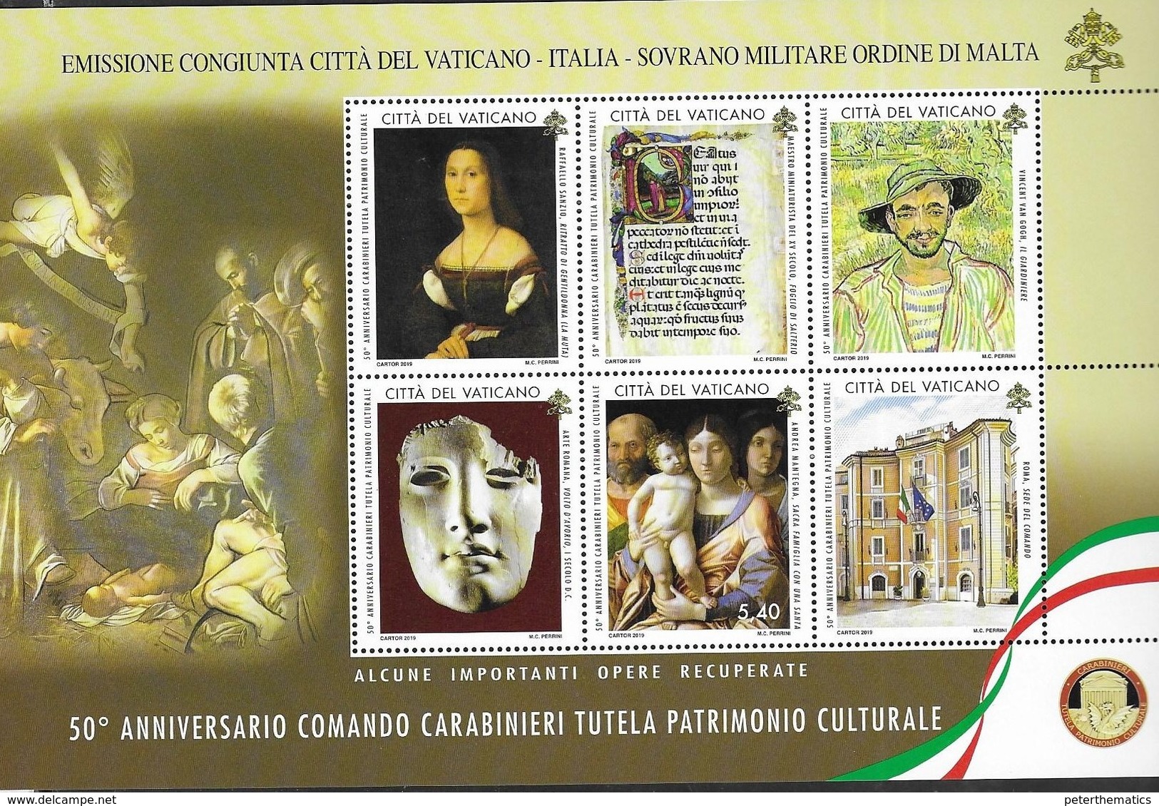 VATICAN, 2019, MNH, JOINT ISSUE WITH ITALY & SMOM, ART, POLICE, CARABINIERI FOR PROTECTION OF CULTURAL HERITAGE, S/LT - Joint Issues