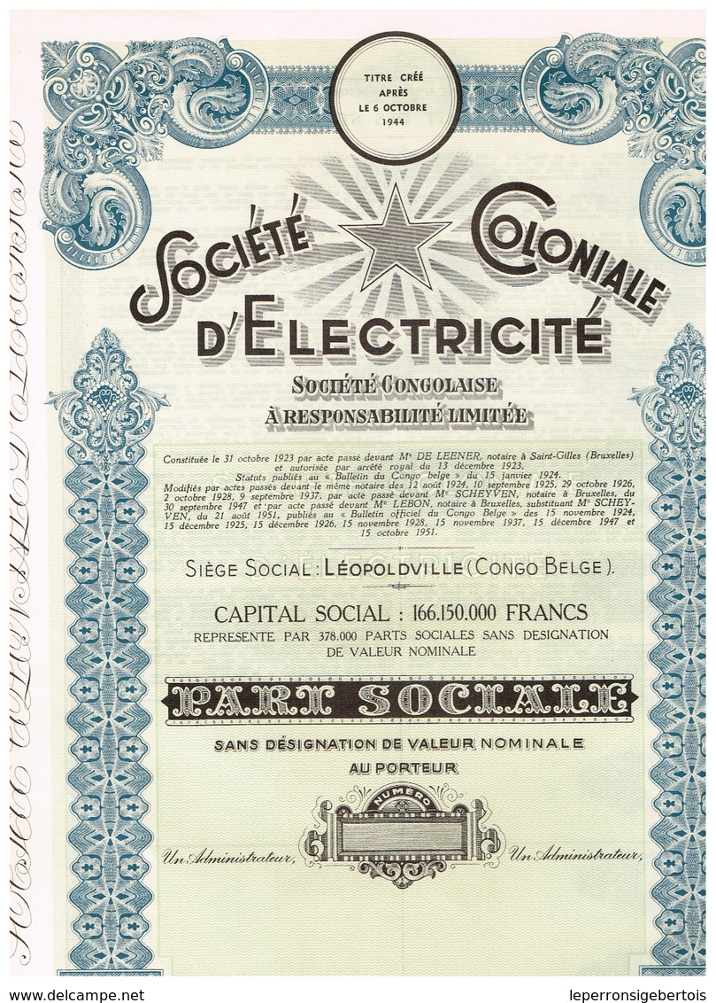 Titre Ancien - Société Coloniale D' Electricité - Société Congolaise à Responsabilité Limitée - Titre De 1951 - Afrique