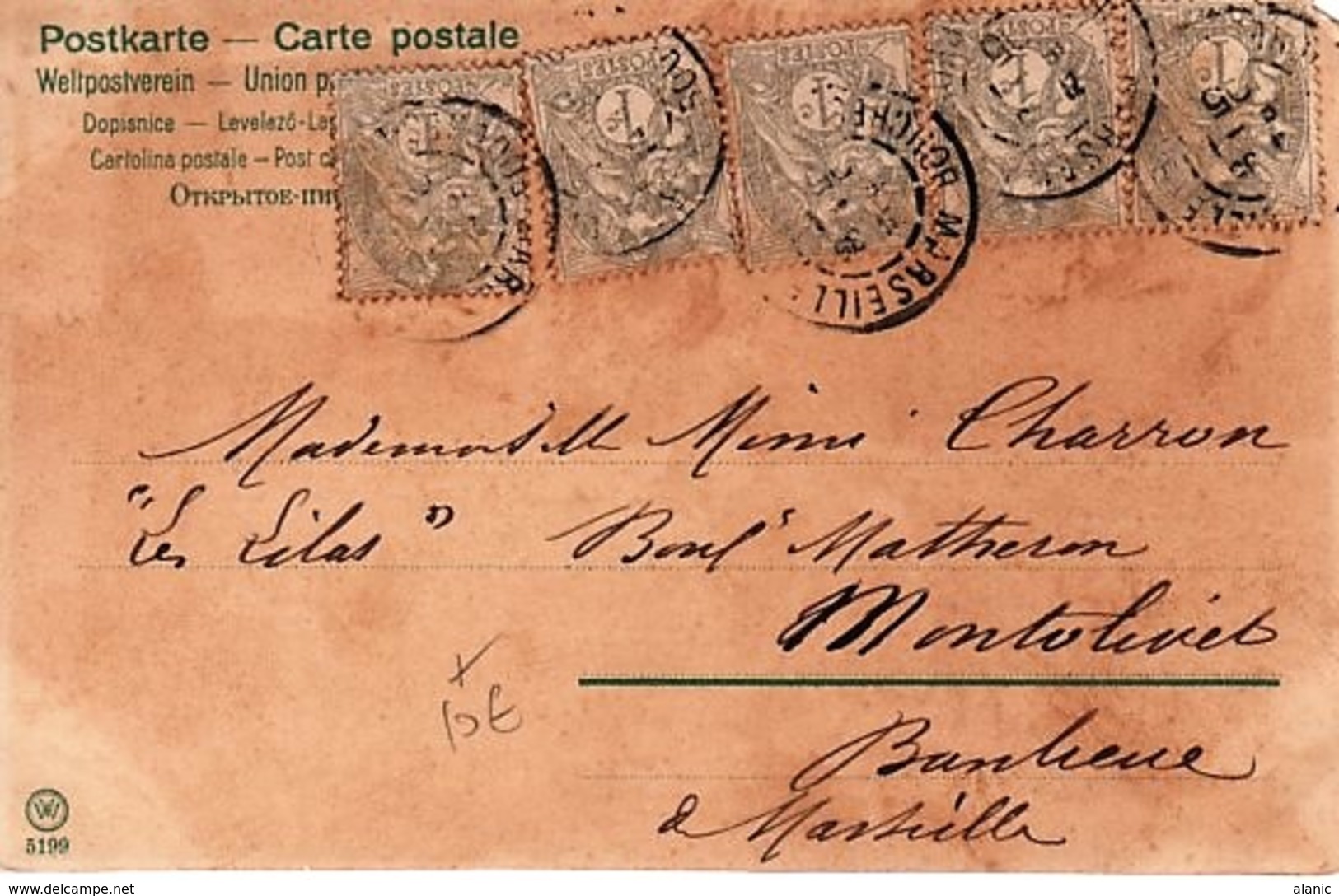 1900-29 Blanc N°107 X5 S/Carte Postale : MAILICK Départ  Marseille Pour  Montalivet (B Du Rh)  EN L'ETAT - 1900-29 Blanc