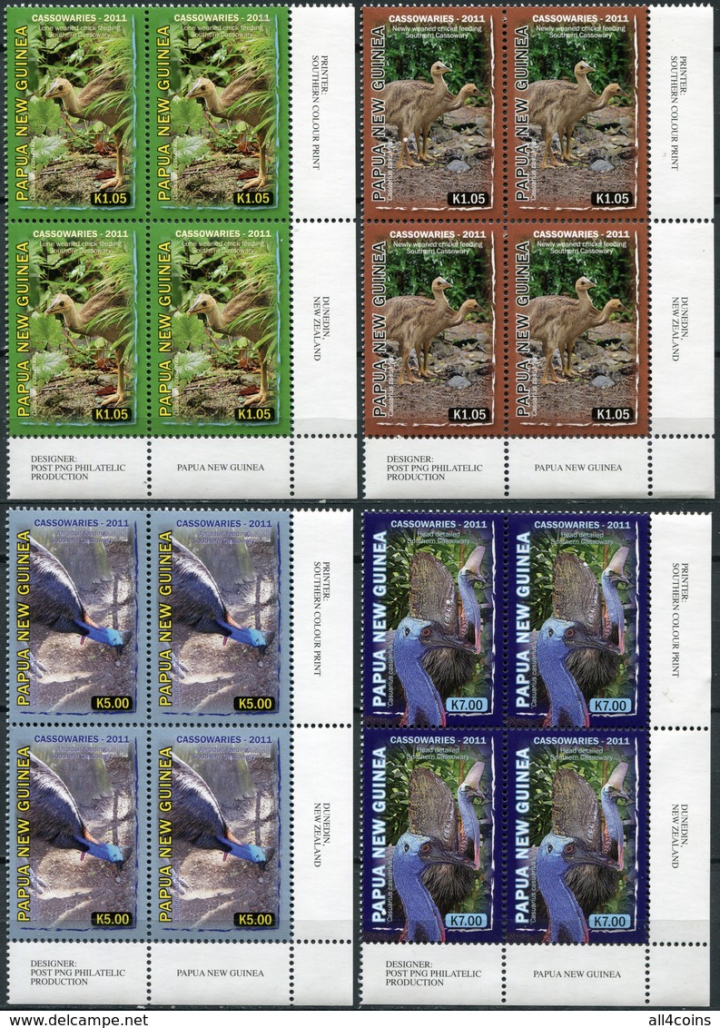 Papua New Guinea 2011. Cassowaires. Bottom Right Corner (MNH OG) Set Of 4 Blocks - Papua New Guinea