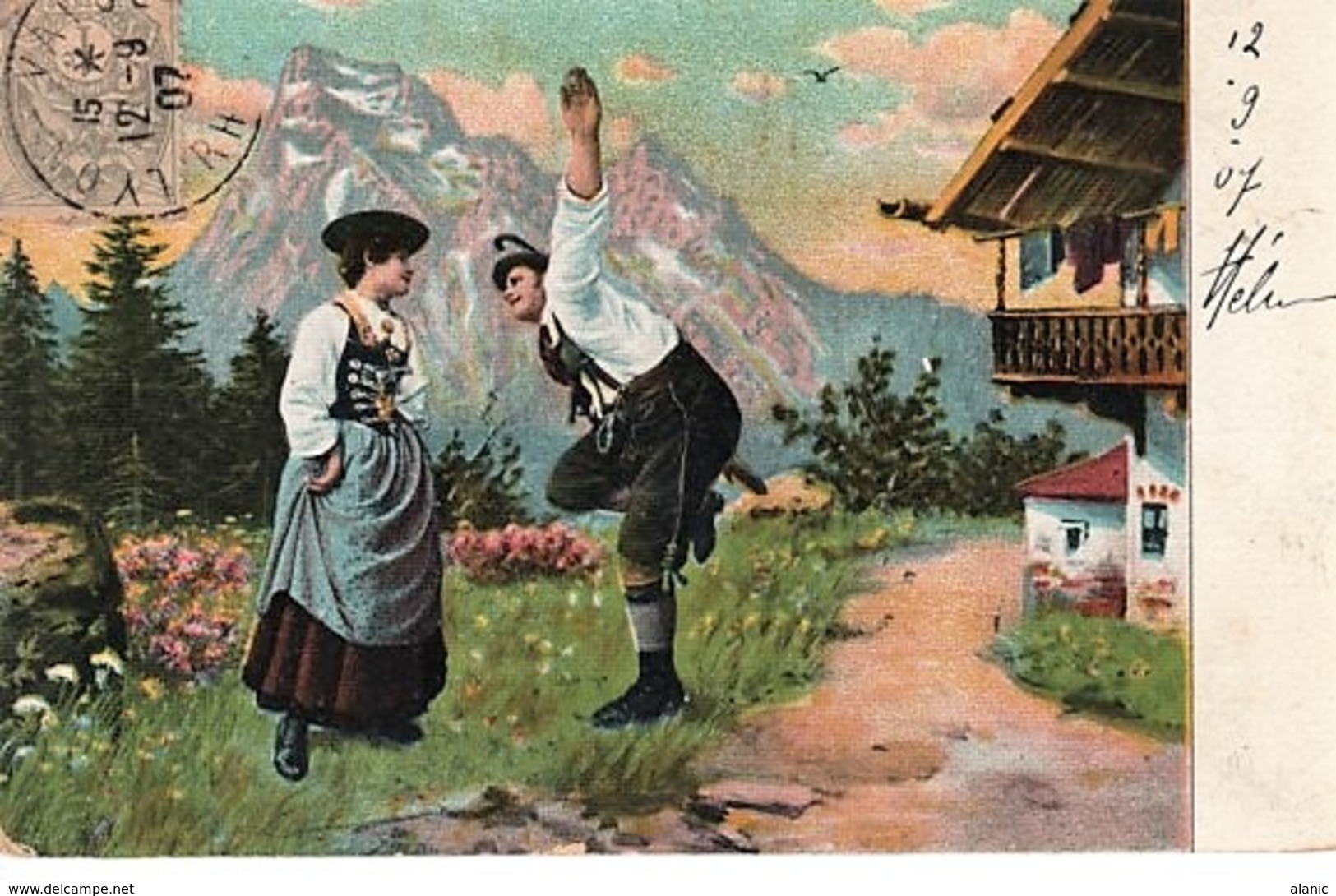1900-29 Blanc N°107 X5 S/Carte Postale : Danseurs Tyrolien  Départ 12/09/07  LYON(69) Pour  AOUSTE (Drôme)13/09/07  TBE - 1900-29 Blanc
