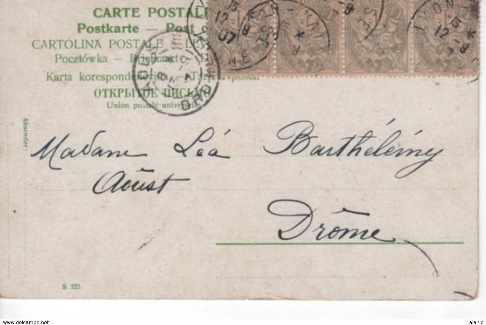 1900-29 Blanc N°107 X5 S/Carte Postale : LE  FUMEUR DE NARGHILE  D: 12/09/07  LYON(69) Pour  AOUSTE (Drôme)13/09/07  TBE - 1900-29 Blanc
