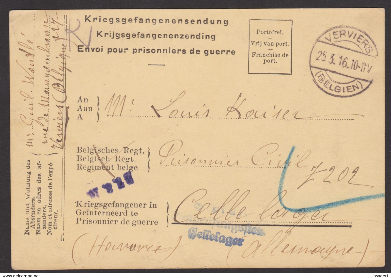 Belgique Franchise De Port - Vers 1916 Verviers Celle Lager Hanovre Allemagne - Prisonniers