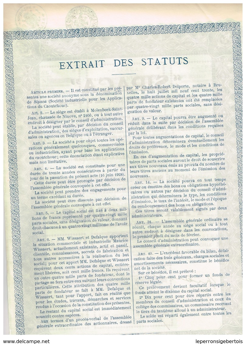 Titre Ancien - "SIPACA" Société Industrielle Pour Les Applications Du Caoutchouc - Titre De 1930 - - Industrial