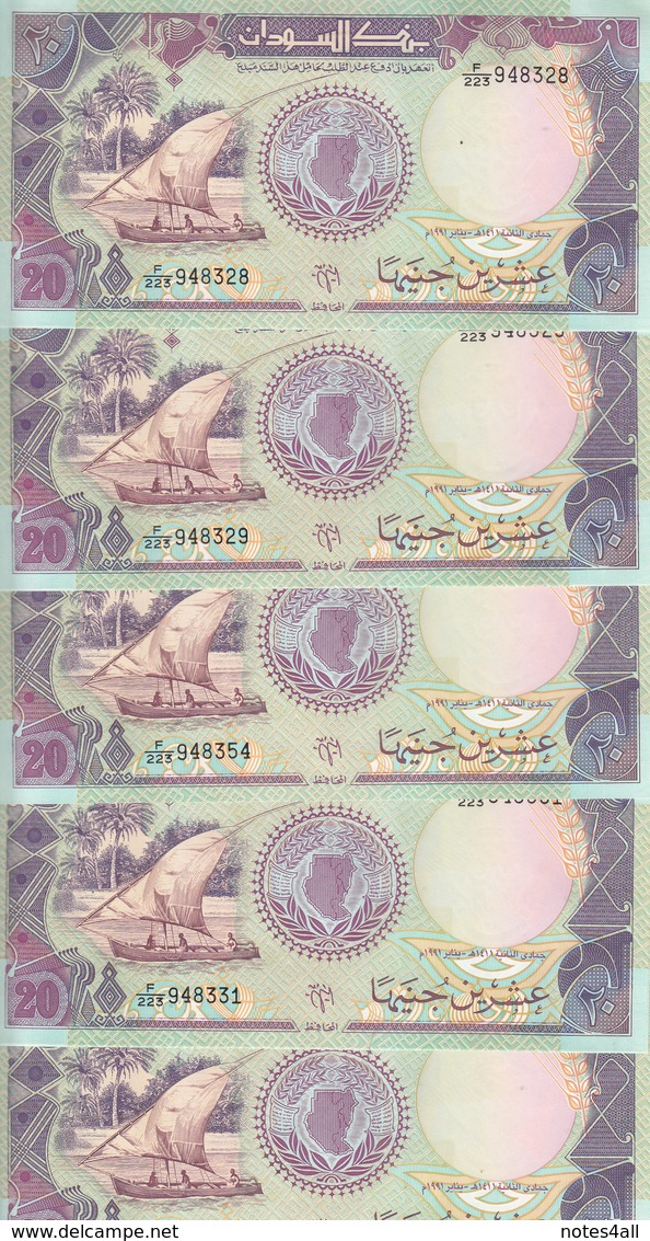 SUDAN 20 POUND 1991 P- 47 LOT X5 UNC NOTES */* - Sudan