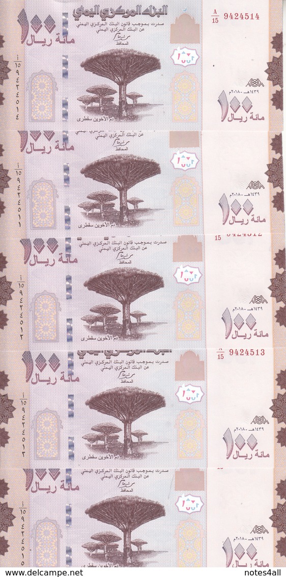 YEMEN 100 RIAL 2018 2019  P- NEW LOT X5 UNC NOTES  */* - Jemen