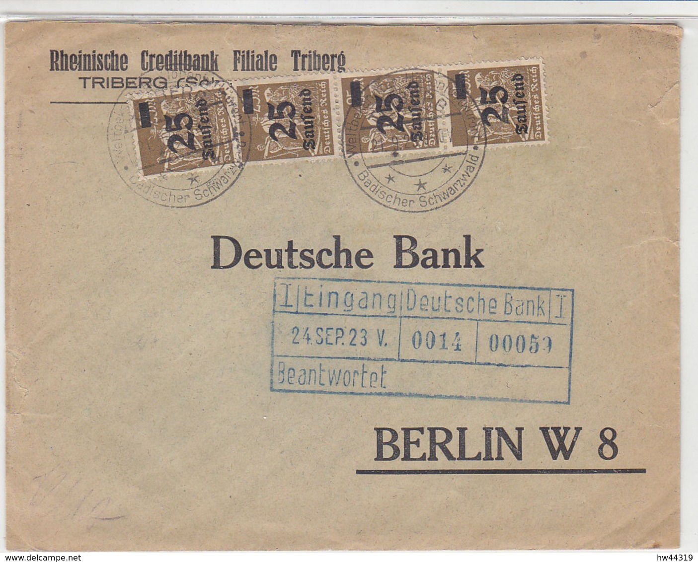 Brief An Die Deutsche Bank Mit 283 (4) Aus TRIBERG 21.9.23 Leider Sind 6 Marken Auf Der Rs. Weg - Covers & Documents