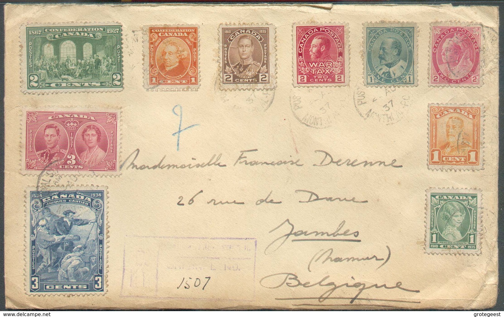 Registered Cover From MONTREAL 23 Aug. 1937 To Jambes (Belgium) - 14533 - Brieven En Documenten