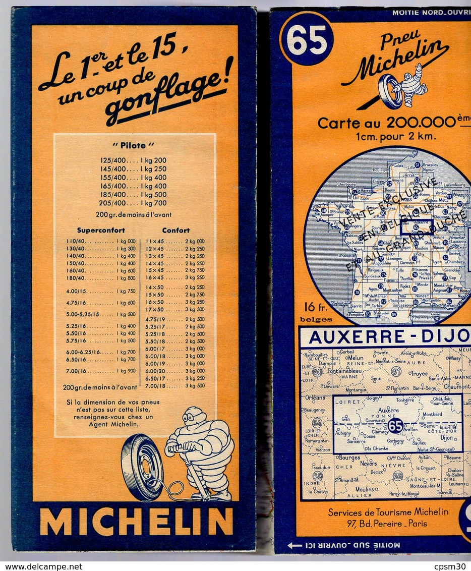 Carte Géographique MICHELIN - N° 065 - AUXERRE - DIJON 1946-2 (vente En Belgique) - Cartes Routières