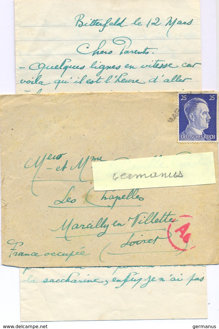 GUERRE 39-45 LETTRE D'un STO Au LAGER MARIE BITTERFELD Du 10.7.43 Avec Courrier + GRIFFE LINEAIRE MARCILLY (LOIRET) - Guerra De 1939-45