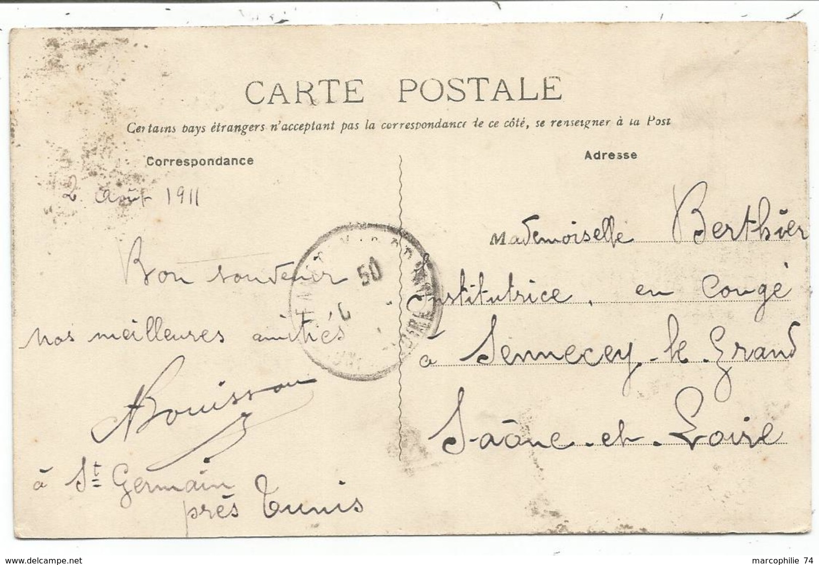 TUNISIE 5C AU RECTO CARTE C. HEX SAINT GERMAIN 1911 - Brieven En Documenten