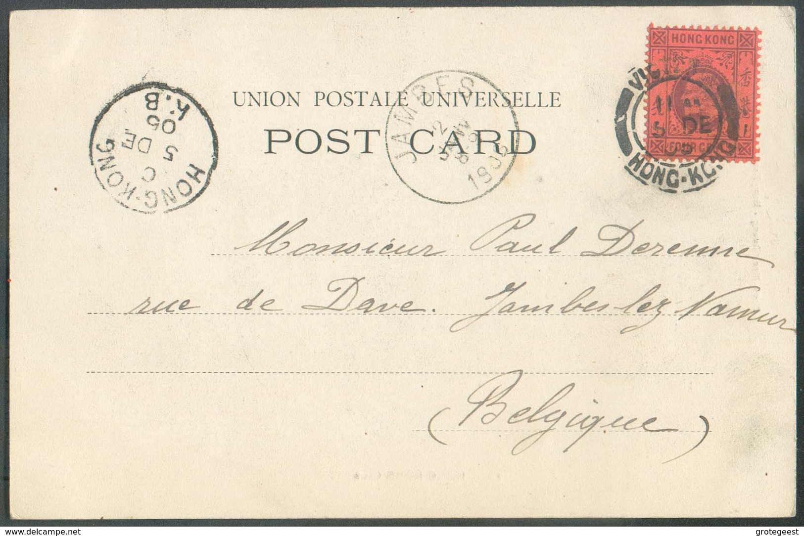 PPC (Hongkong Club)  From VICTORIA HONGKONG 5 Dec. 1905 To Jambes (Belgium) + Sc HONG KONG K.B.- 14536 - Cartas & Documentos