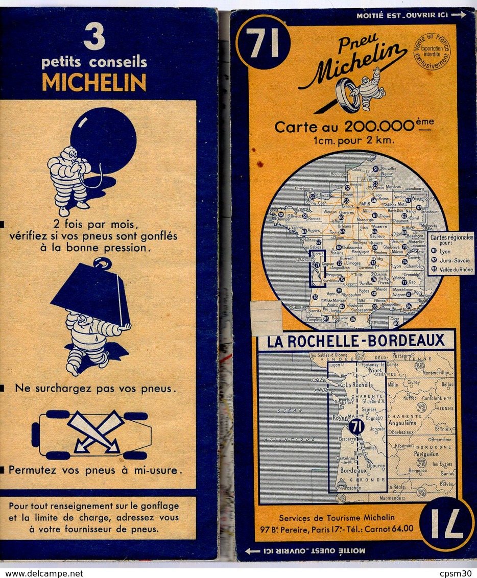 Carte Géographique MICHELIN - N° 071 La ROCHELLE - BORDEAUX 1949-2 - Roadmaps