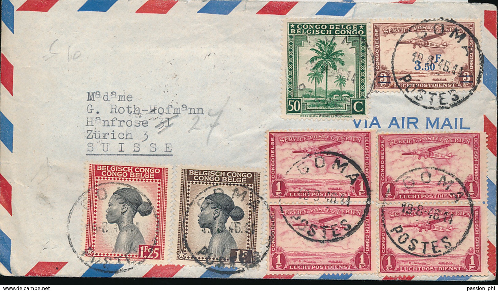 BELGIAN CONGO COVER BY AIR FROM GOMA VIA LEO. TO SWITZERLAND 1946 - Lettres & Documents