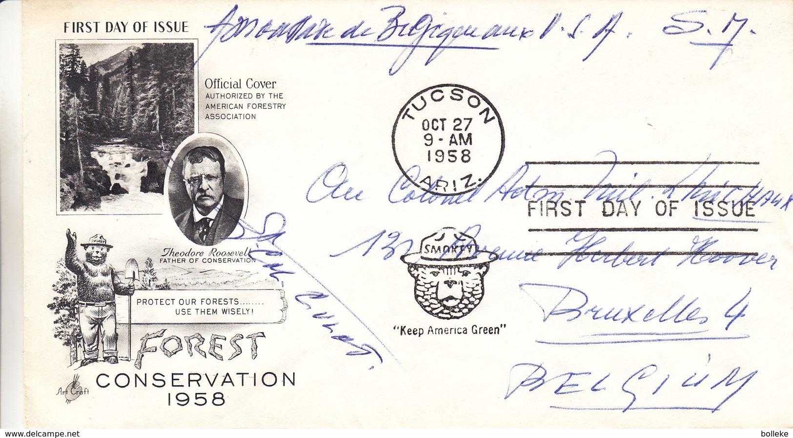 Etats Unis - Lettre Militaire De 1958 - Oblit Tucson - Exp Vers Bruxelles - Ours - Garde Forestier - Storia Postale