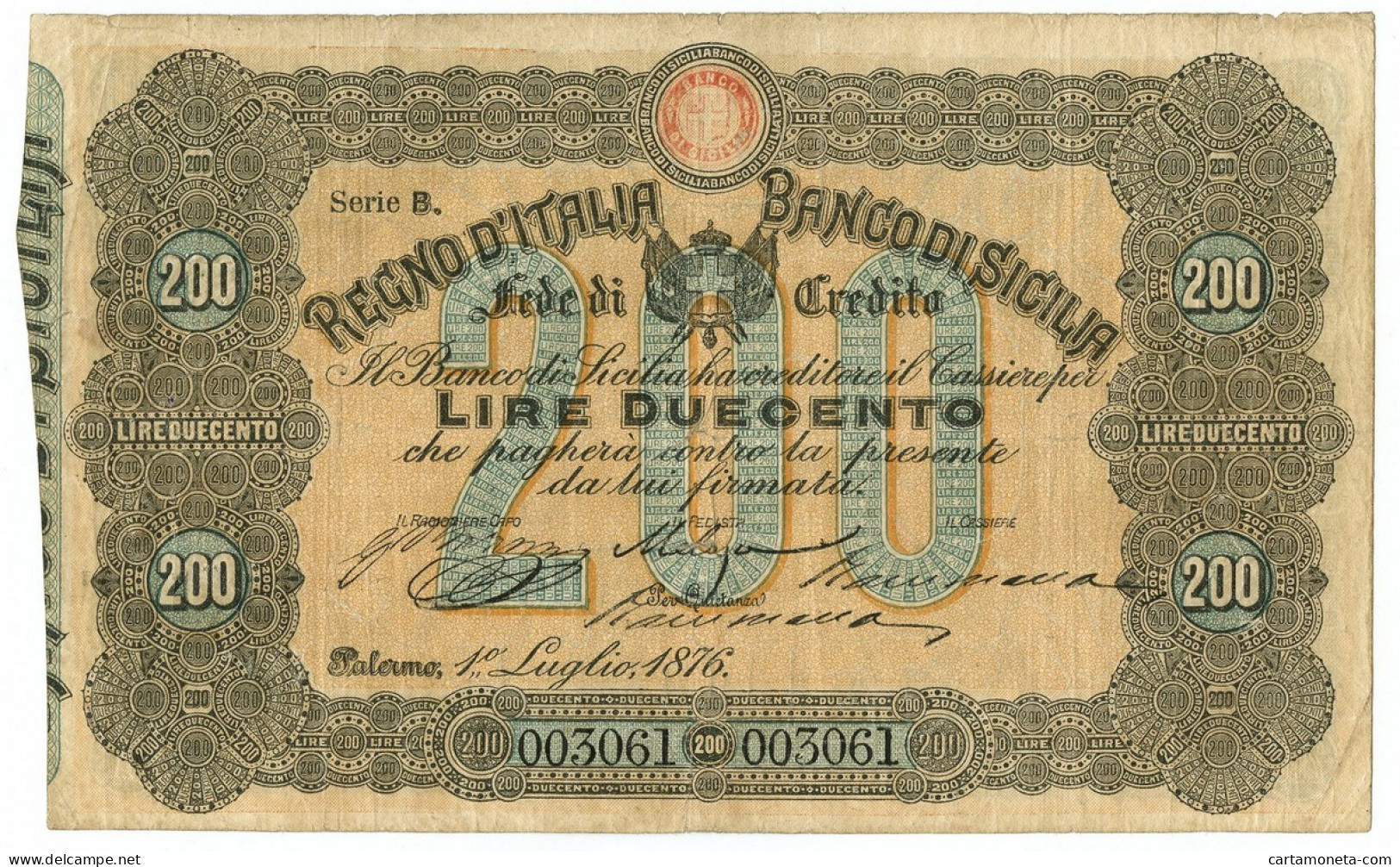 200 LIRE BANCO DI SICILIA FEDE DI CREDITO 01/07/1876 QBB - Sonstige & Ohne Zuordnung