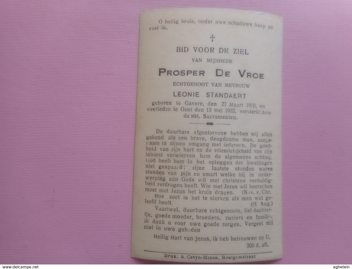 D.P.-PROSPER DE VROE ECHTG.LEONIE STANDAERT °GAVERE 27-3-1900+GENT 13-5-1932 - Religion & Esotérisme