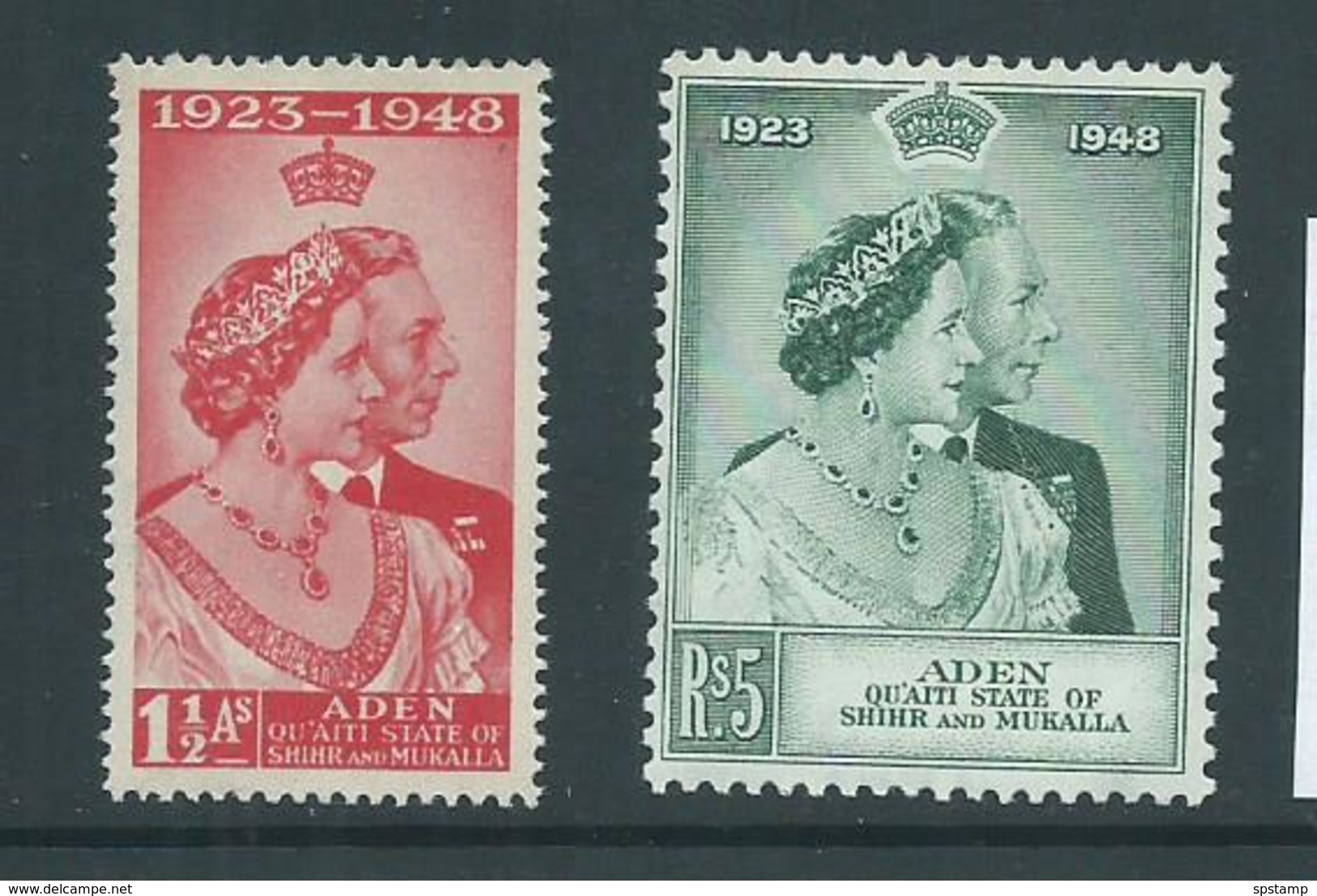 Aden Qu'aiti State Shihr Mukalla 1949 KGVI Silver Wedding Set 2 MLH , 5 Rupee Corner Crease - Aden (1854-1963)