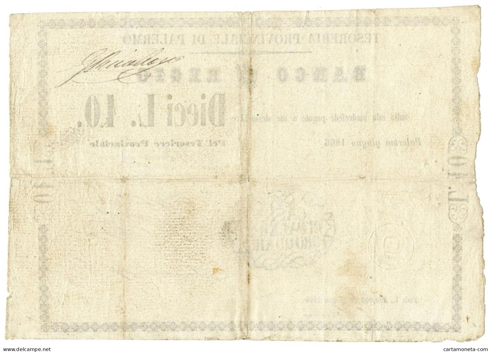 10 LIRE BANCO REGIO TESORERIA PROVINCIALE DI PALERMO 04/06/1866 QBB - Altri & Non Classificati