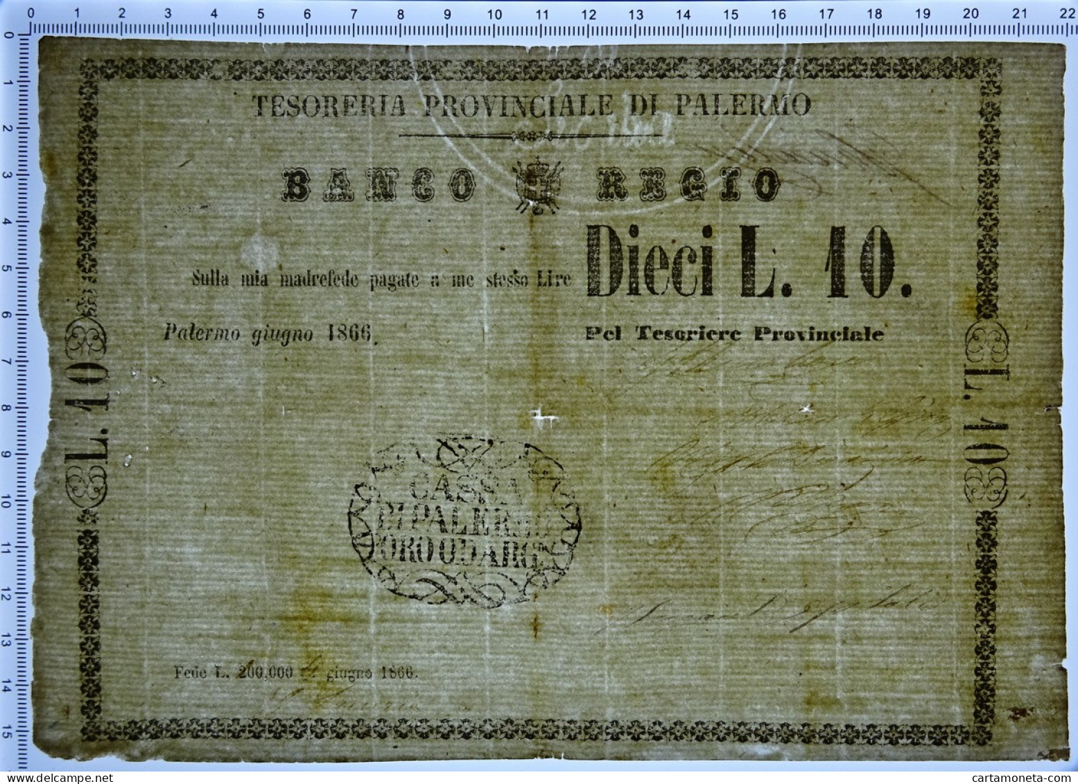 10 LIRE BANCO REGIO TESORERIA PROVINCIALE DI PALERMO 04/06/1866 QBB - Altri & Non Classificati