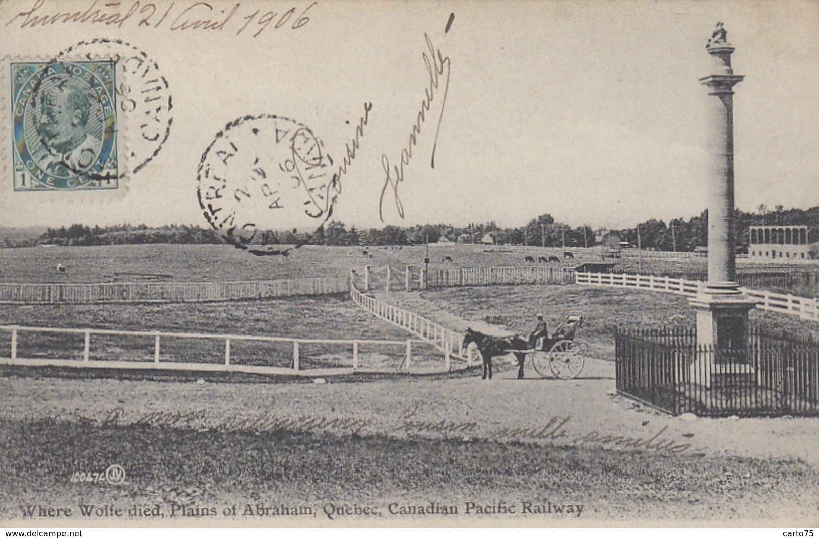 Canada - Quebec Plains Of Abraham - Where Wolfe Died - Canadian Pacific Railway  - Postmarked 1906 - Québec - La Citadelle