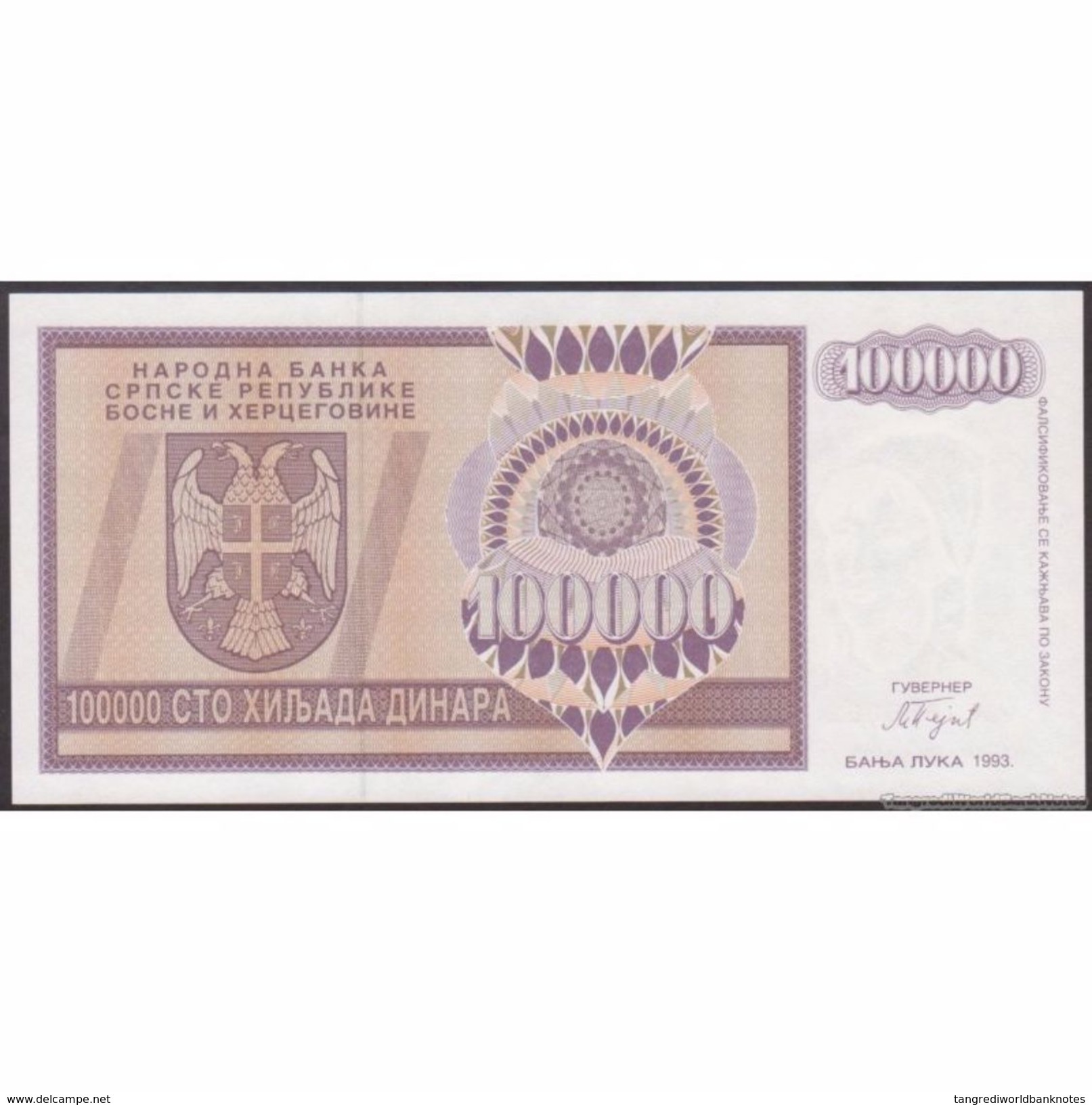 TWN - BOSNIA-HERZEGOVINA 141a - 100000 100.000 Dinara 1993 Prefix AA UNC - Bosnia Erzegovina