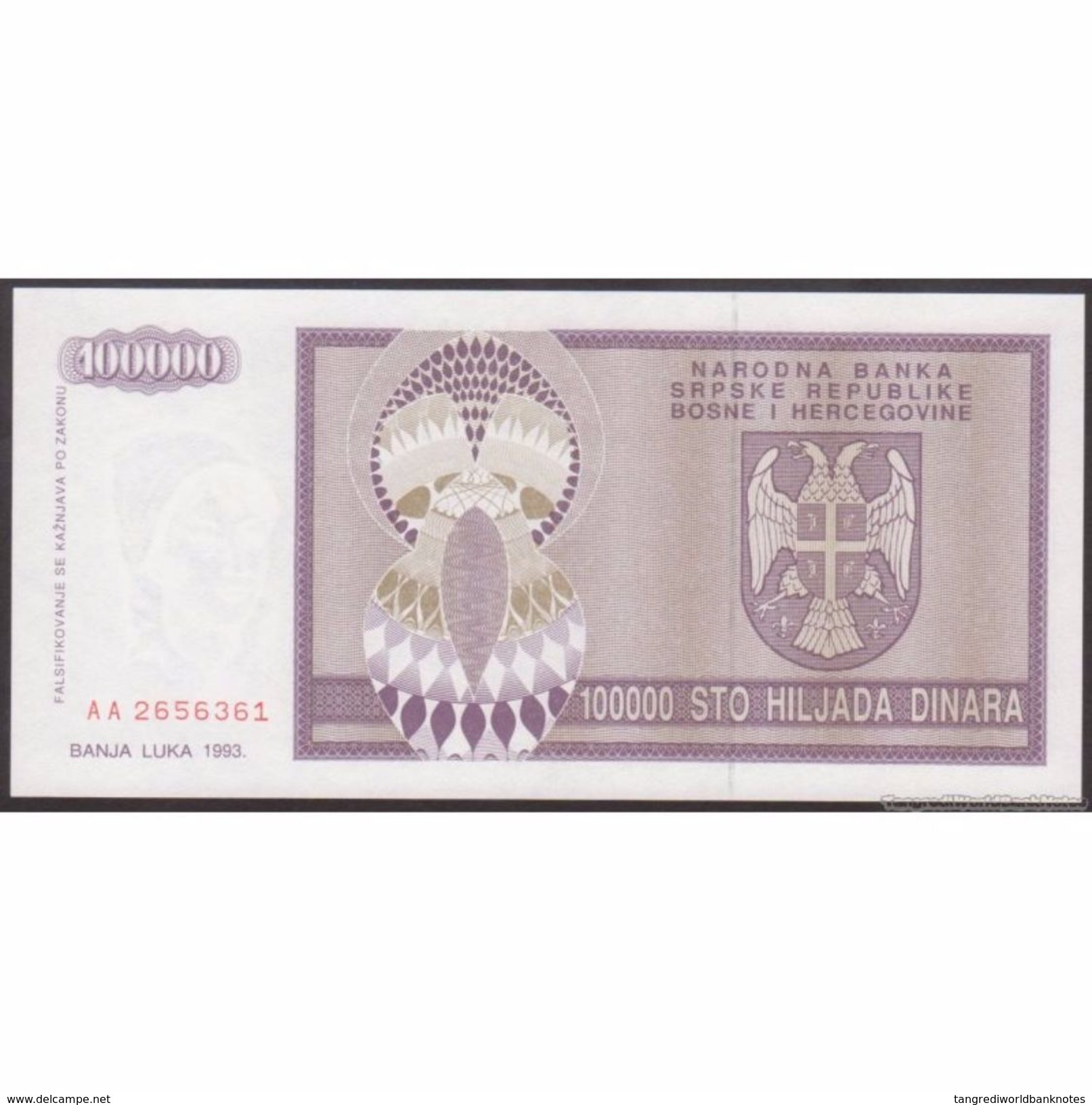 TWN - BOSNIA-HERZEGOVINA 141a - 100000 100.000 Dinara 1993 Prefix AA UNC - Bosnia Erzegovina