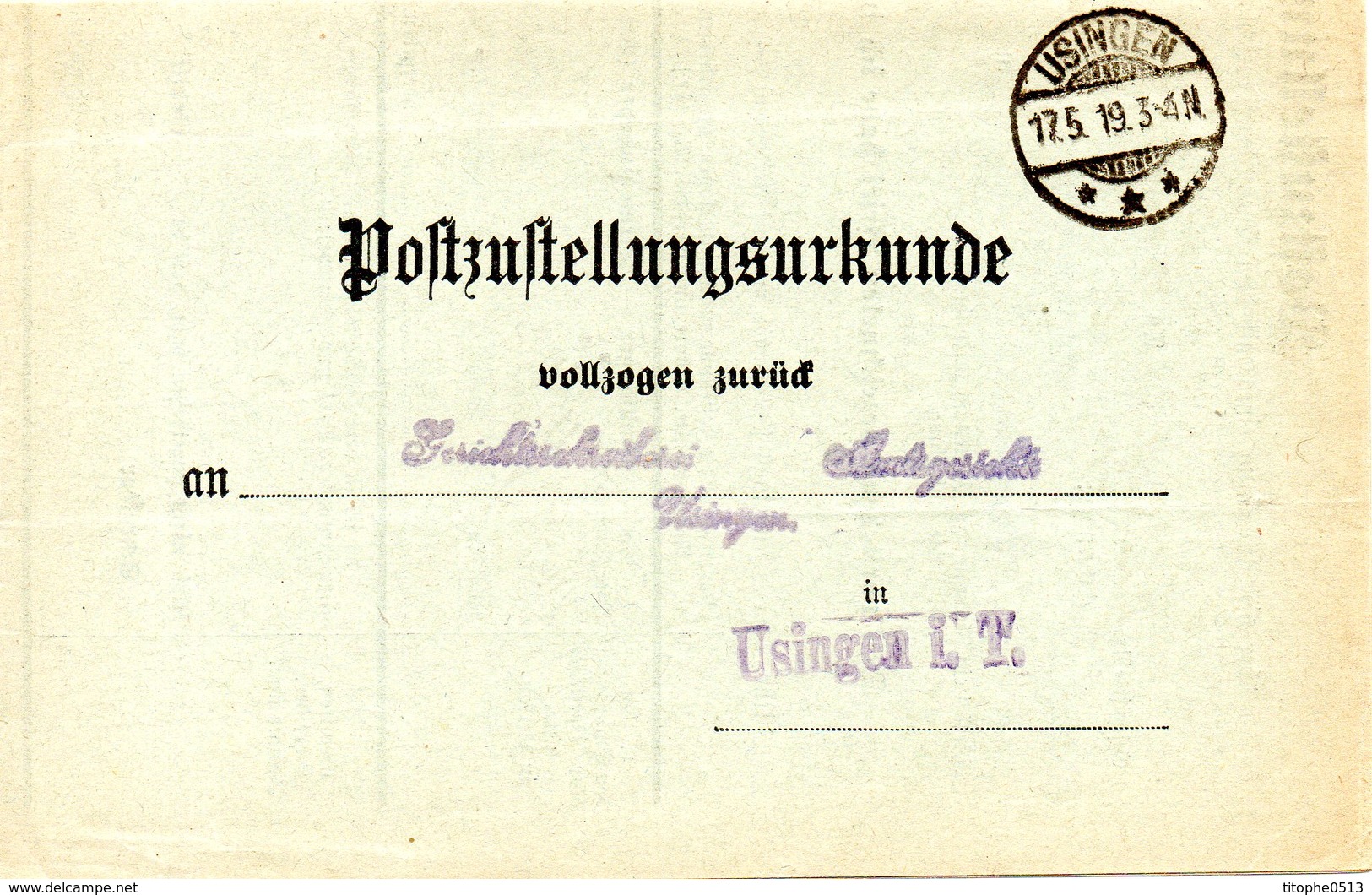 ALLEMAGNE. Post Bustellungsurkunde. Usingen 1919. - Briefe U. Dokumente