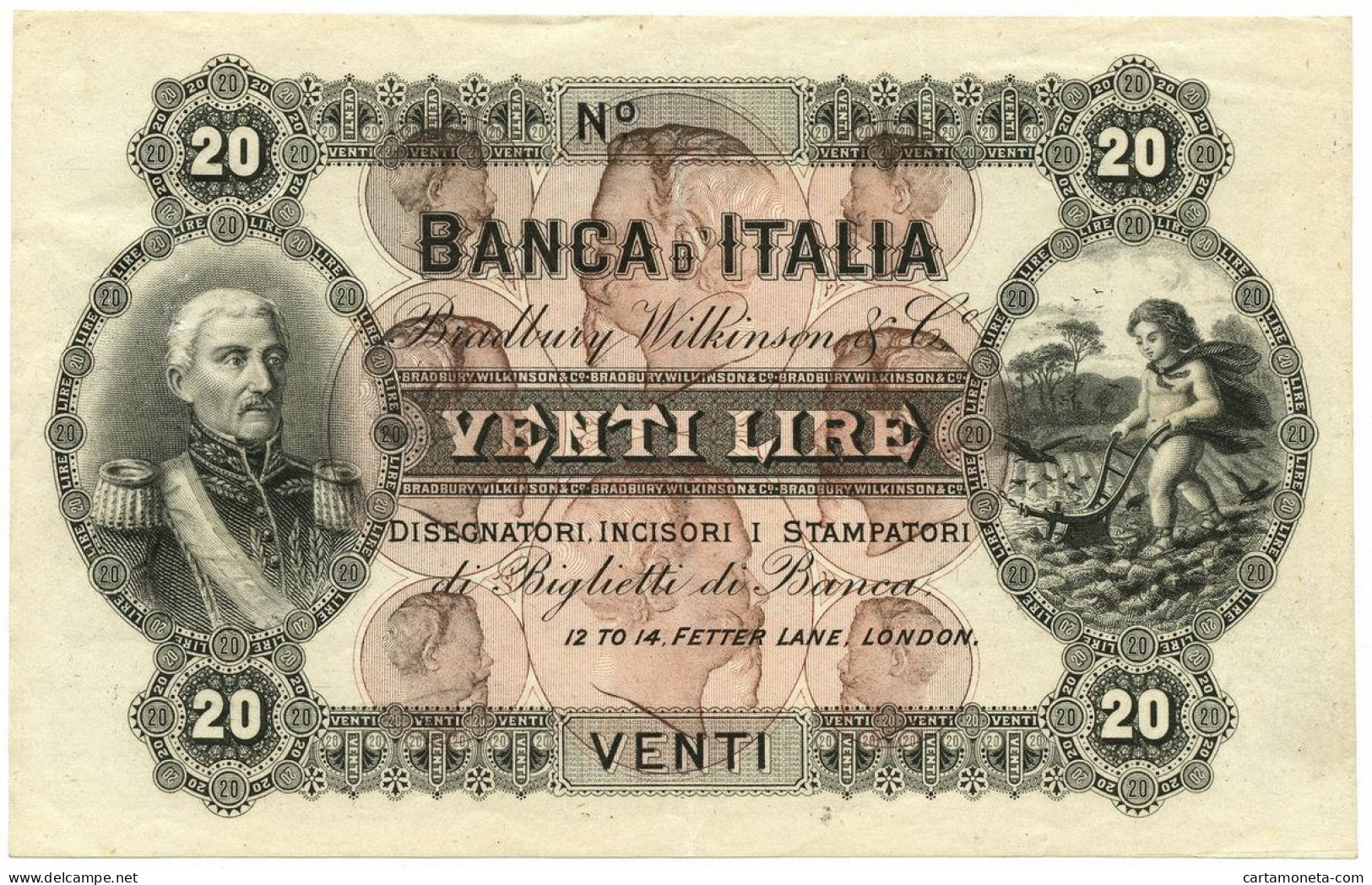 20 LIRE SPECIMEN BANCA D'ITALIA CAMPIONE BRADBURY W.LONDRA CIRCA 1895 QSPL - [ 8] Fakes & Specimens