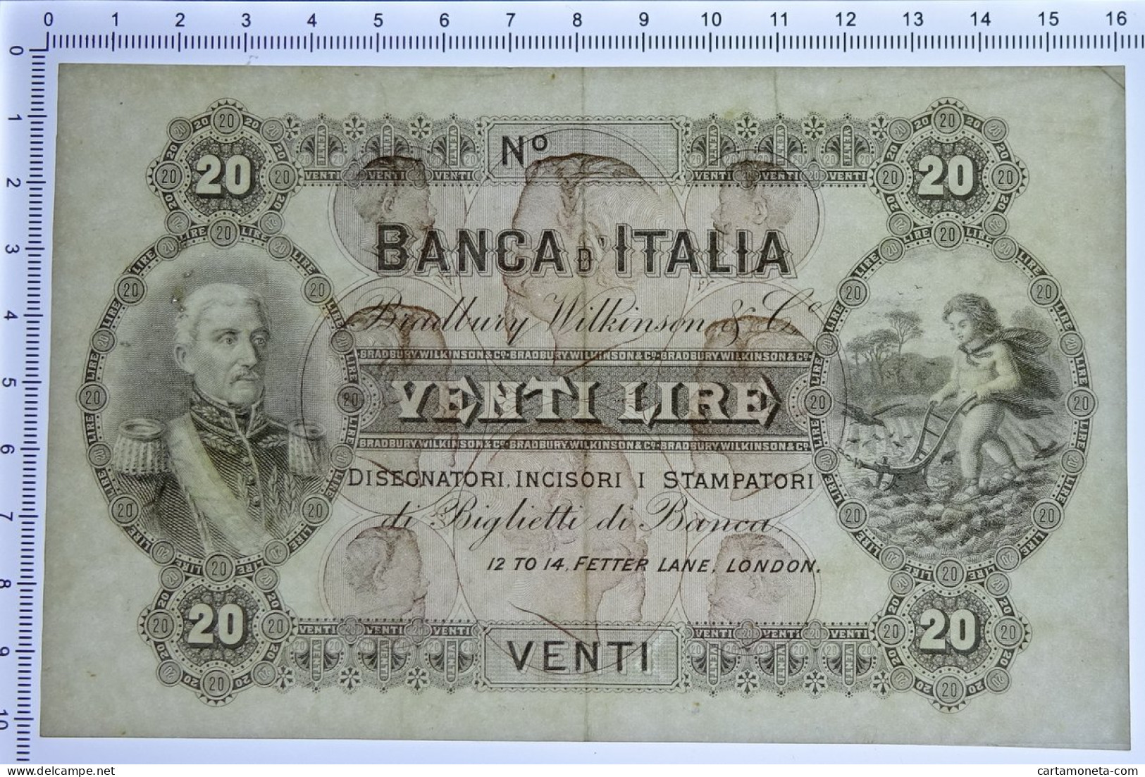 20 LIRE SPECIMEN BANCA D'ITALIA CAMPIONE BRADBURY W.LONDRA CIRCA 1895 QSPL - [ 8] Fakes & Specimens