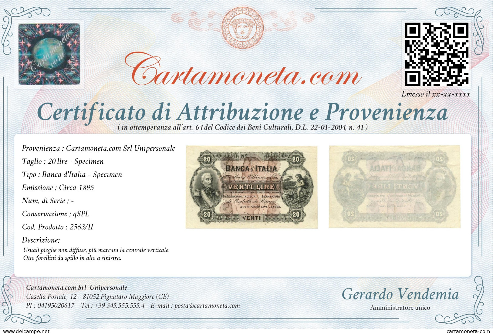 20 LIRE SPECIMEN BANCA D'ITALIA CAMPIONE BRADBURY W.LONDRA CIRCA 1895 QSPL - [ 8] Vals En Specimen