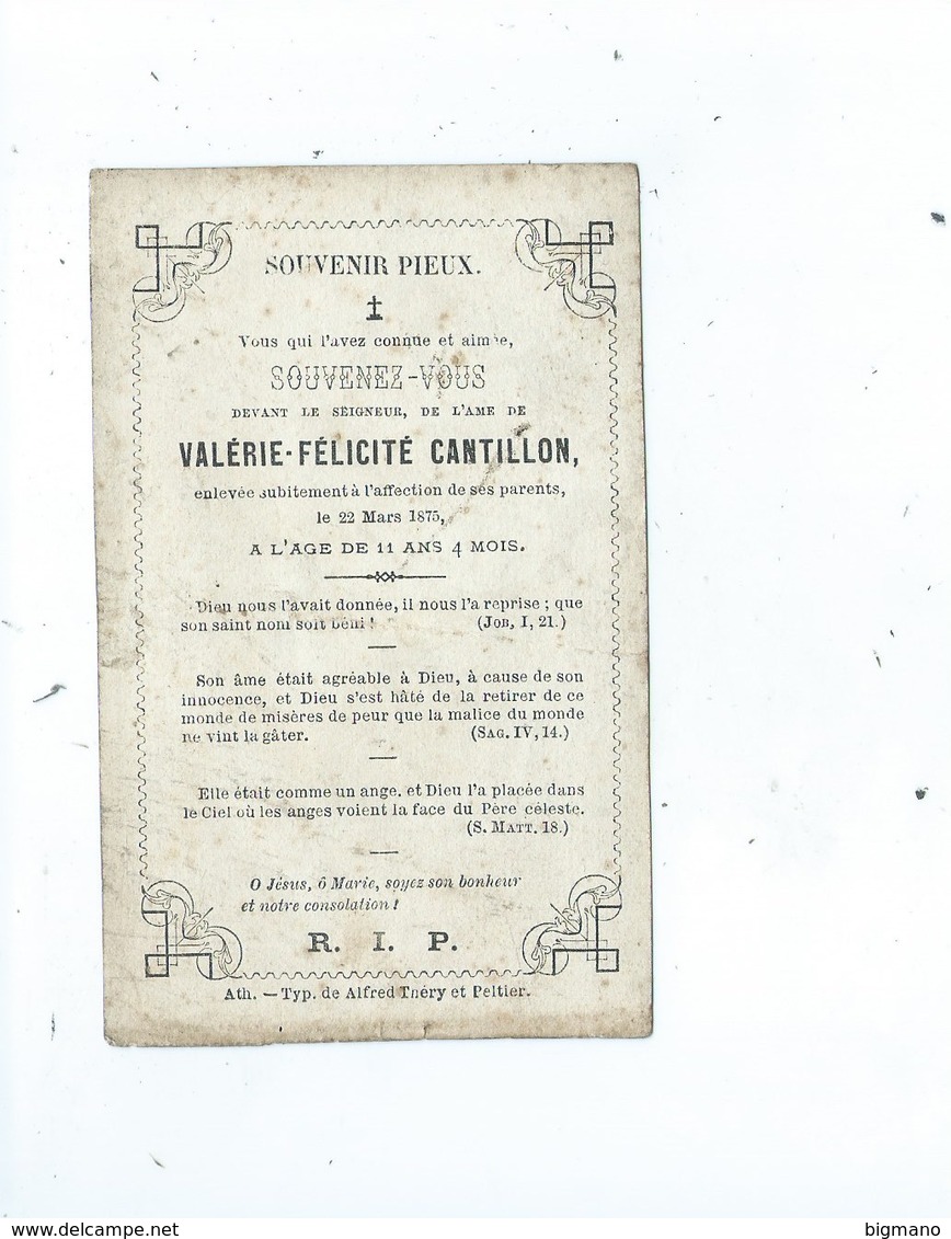 Faire Part Mortuaire Valérie Félicité Cantillon    Décédée Le 22 Mars 1875 ( Ath Typ. Alfred Théry Et Peltier ) - Décès