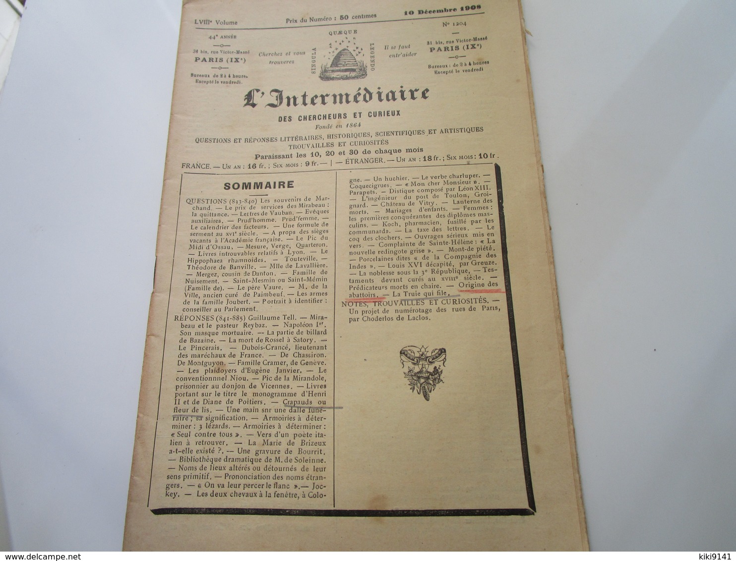 L'INTERMEDIAIRE Des Chercheurs Et Curieux - N°1204 (36 Pages) - 1900 - 1949