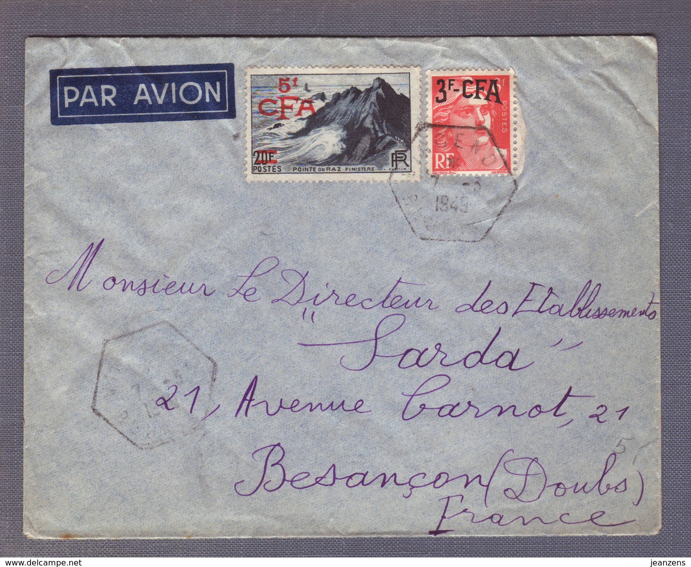 Lettre Par Avion   Aff. 5f Pointe De Raz + 3f Marianne De Gandon   Obl.  Vincendo 07.03.1949  ->Besançon - Lettres & Documents