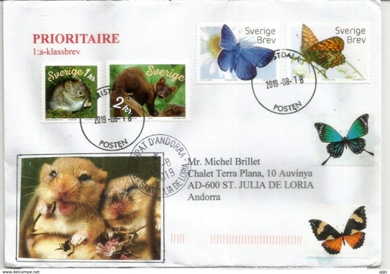 Faune De Suède, émissions Récentes, Sur Lettre De Suède 2019, Adressée Andorra, Avec Timbre à Date Arrivée - Lettres & Documents