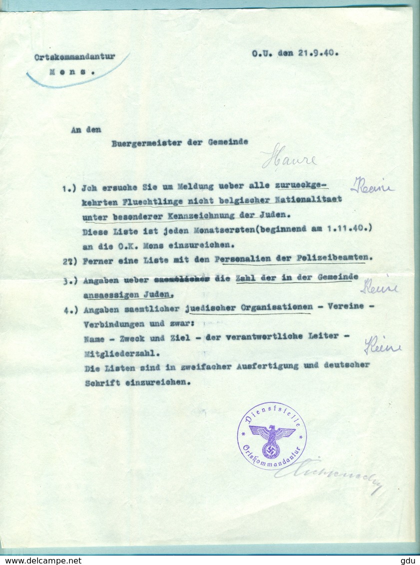 Ordre Orstkommandantur De Mons Pour Recherches Et Dénonciations Des Juifs 1940 Dans La Localité - 1939-45