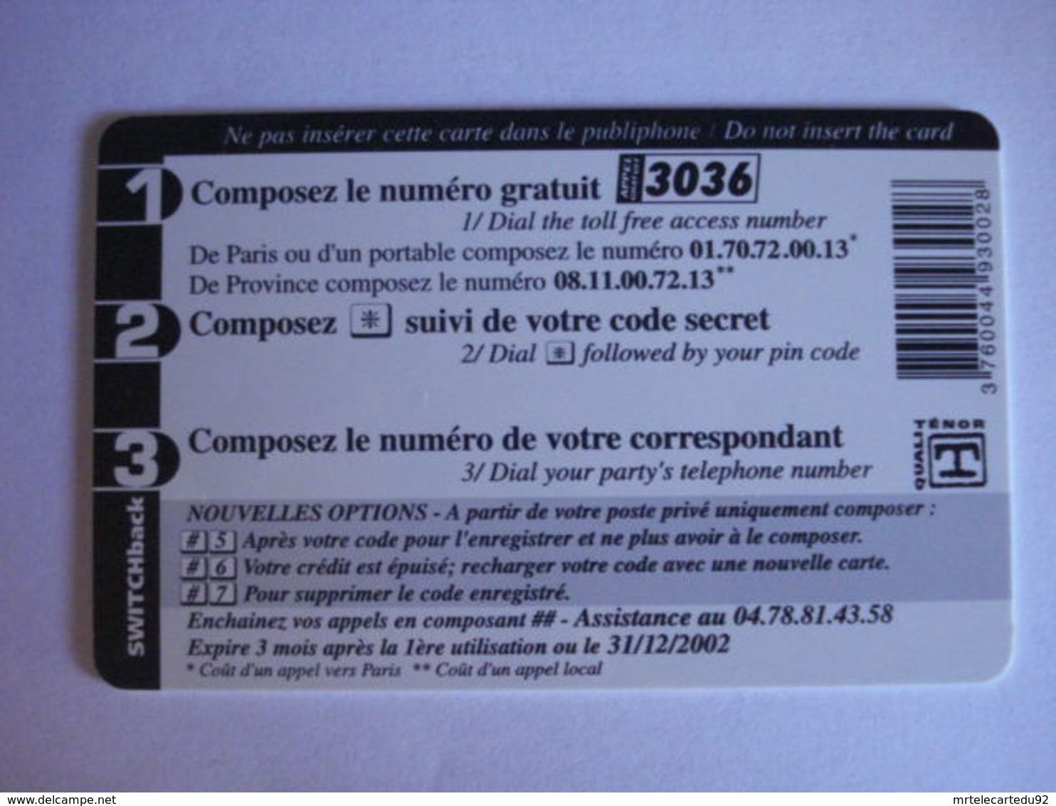 Carte Téléphonique Prépayée SWITCHback (carte D'essai Sans Code). Petit Prix De Départ ! - Per Cellulari (ricariche)