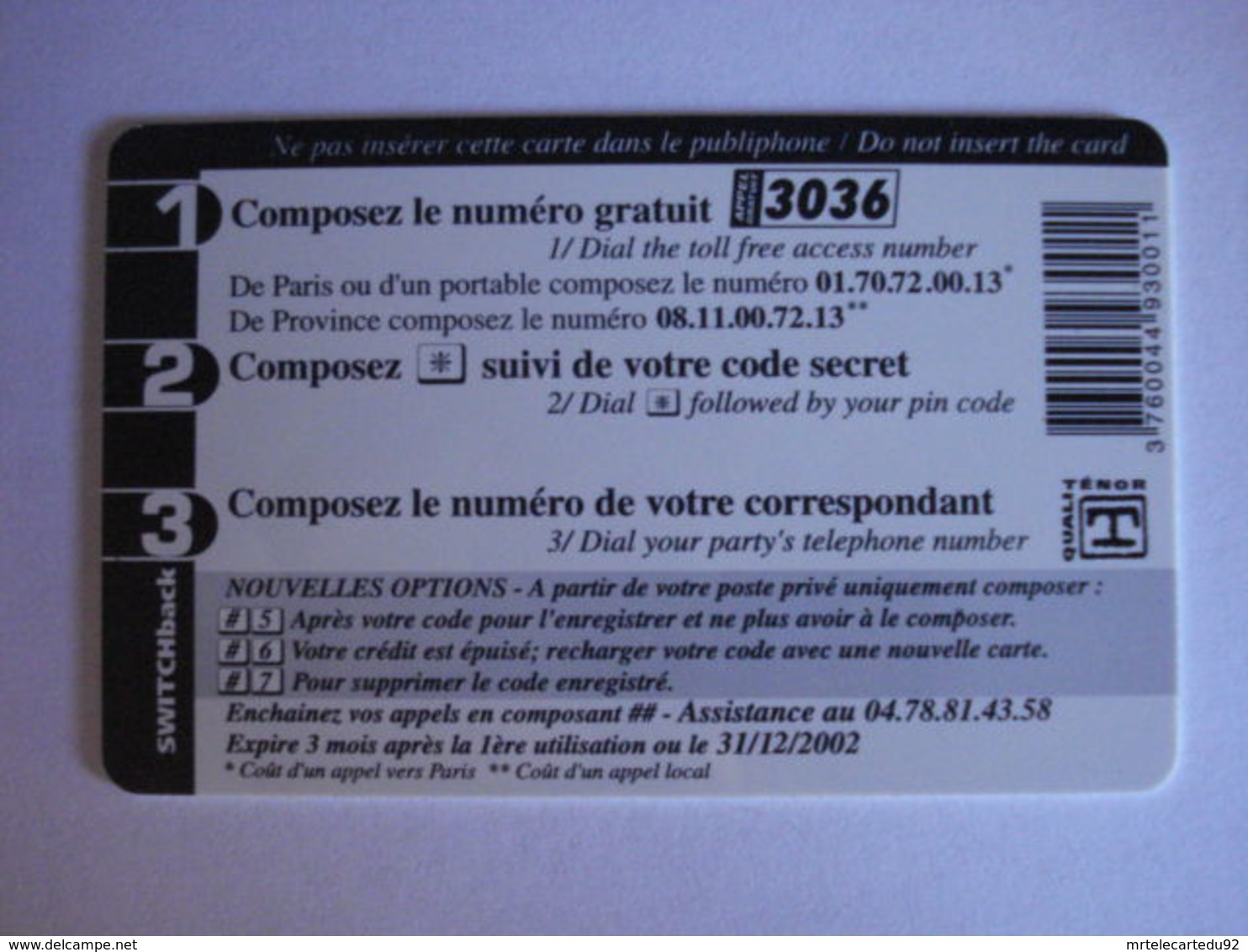 Carte Téléphonique Prépayée SWITCHback (carte D'essai Sans Code). Petit Prix De Départ ! - Per Cellulari (ricariche)