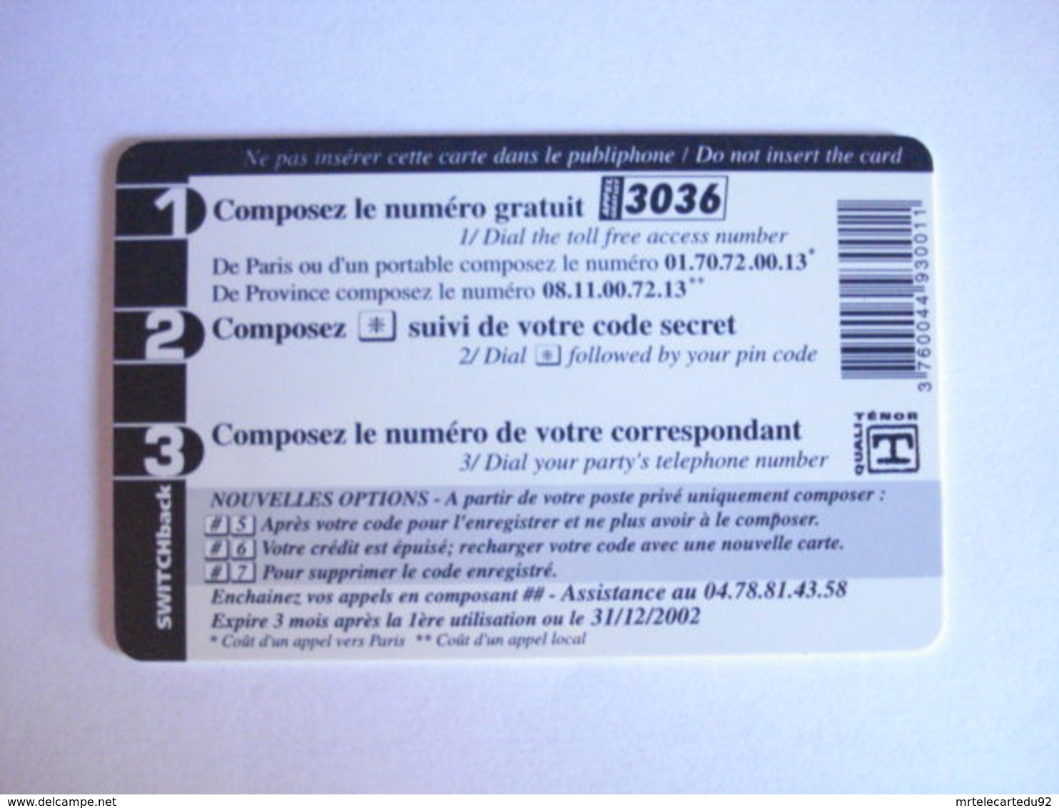 Carte Téléphonique Prépayée SWITCHback (carte D'essai Sans Code). Petit Prix De Départ ! - Cellphone Cards (refills)