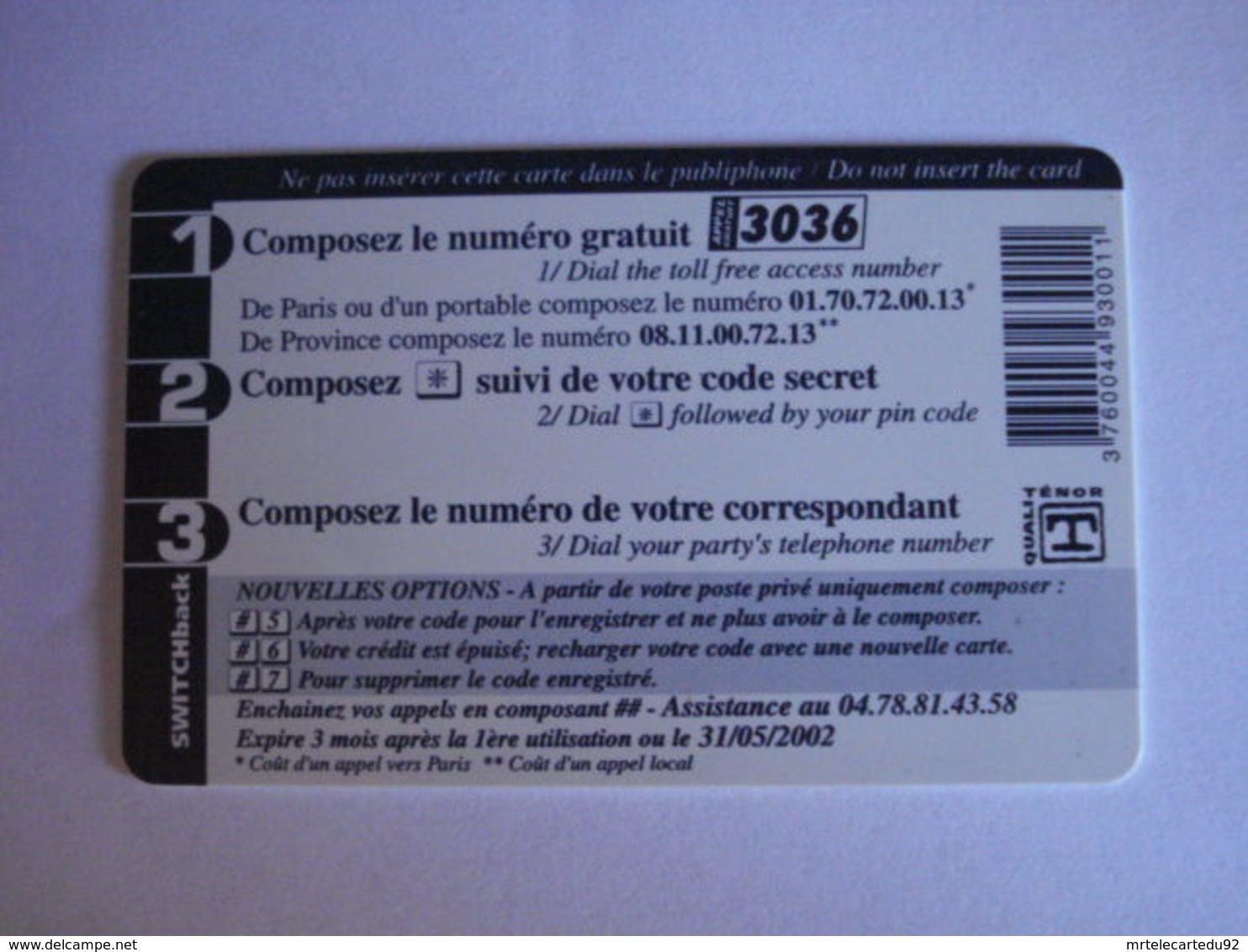 Carte Téléphonique Prépayée SWITCHback (carte D'essai Sans Code). Petit Prix De Départ ! - Per Cellulari (ricariche)