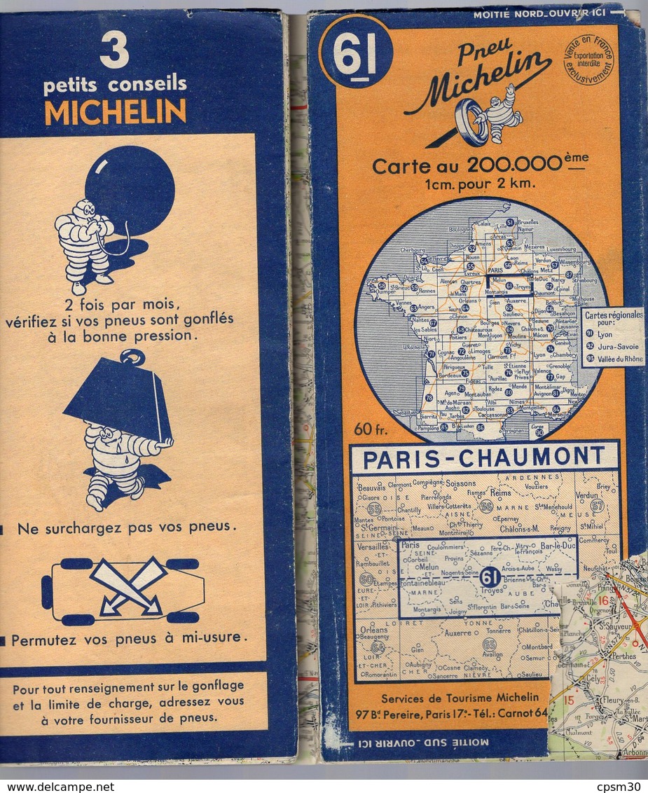 Carte Géographique MICHELIN - N° 061 PARIS - CHAUMONT 1949 - Cartes Routières